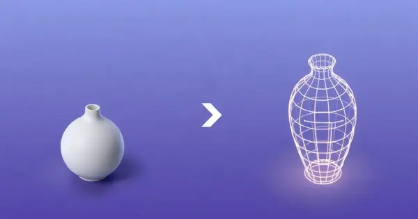 Керамическая ваза и её светящаяся каркасная 3D-модель
