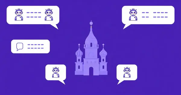 Несколько чат-облачек с разными ИИ-ассистентами вокруг силуэта купола