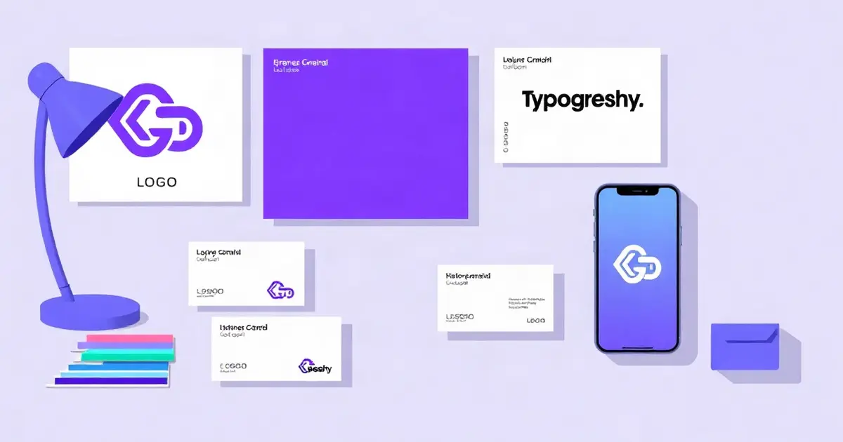 Логотип, визитки, образцы шрифтов и экран смартфона в едином фирменном стиле