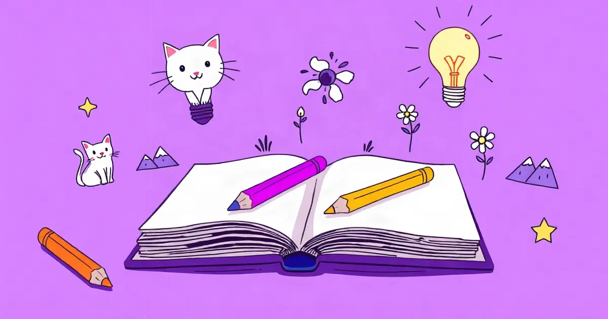 Скетчбук с карандашами и светящейся лампочкой идей, вокруг маленькие рисунки, плоская иллюстрация