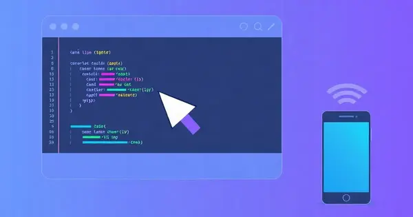 Окно редактора кода, курсор и смартфон-симулятор на фиолетовом фоне