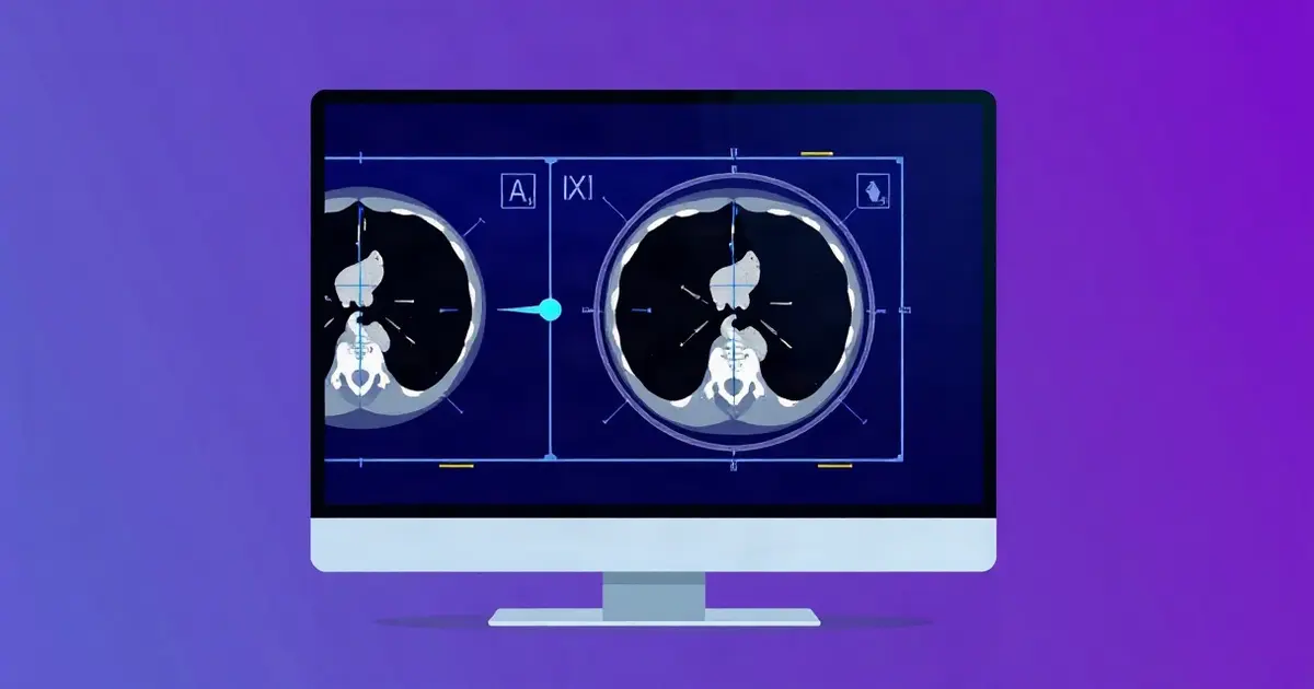 DAMO RADAR: срезы КТ брюшной полости на мониторе с подсветкой находок