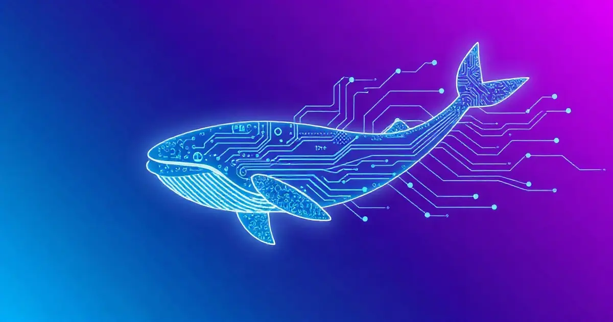 Кит из светящихся линий плывёт сквозь потоки данных вокруг чипа — DeepSeek V4