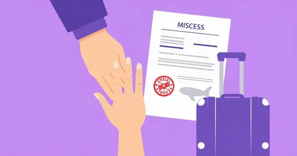 Рука взрослого держит руку ребёнка рядом с документом с печатью и чемоданом, плоская иллюстрация