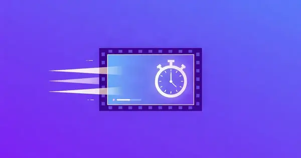 Кадр кинопленки с секундомером и линиями скорости на фиолетово-синем фоне