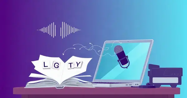 Звуковые волны летят из раскрытой книги с буквами к ноутбуку с микрофоном