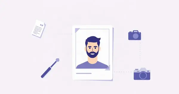 Портрет в рамке на светлом фоне с разметкой кадра и фотоаппаратом — фото на документы
