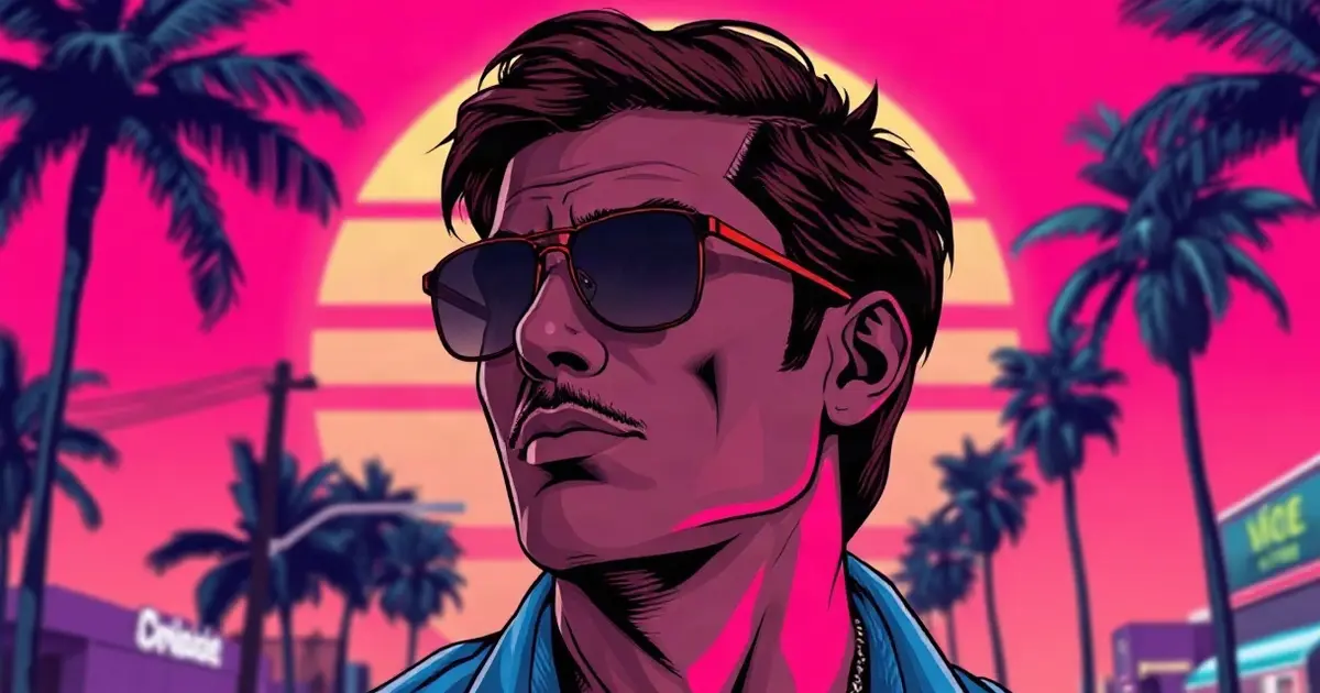 Портрет в стиле GTA 6: неоновый закат, пальмы, розово-фиолетовый градиент