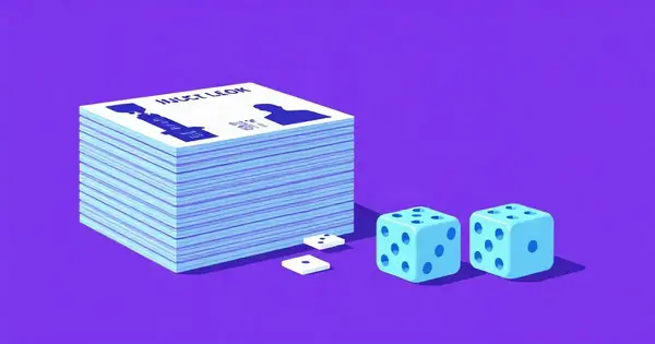 Стопка бейджей и карточек с силуэтами людей и игральные кости, плоская иллюстрация
