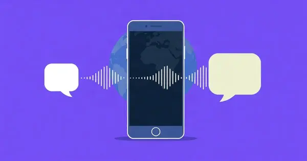 Смартфон на фоне глобуса, между двумя облачками речи идут звуковые волны