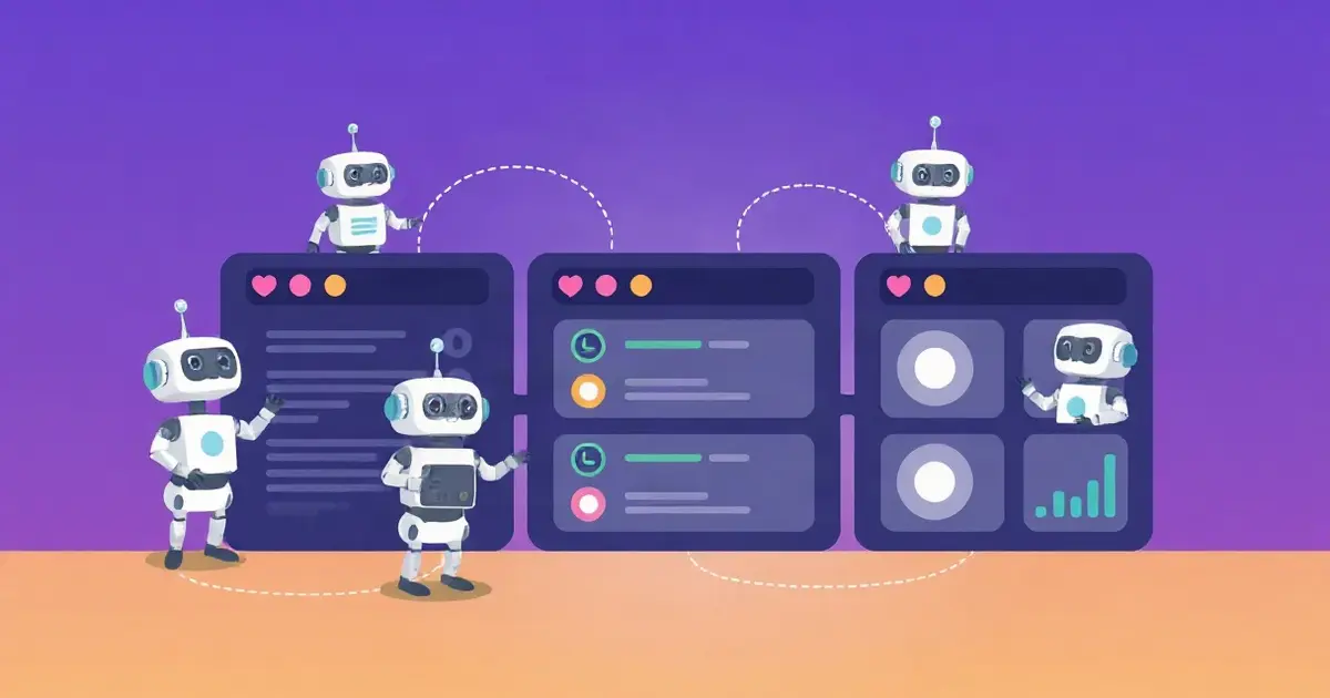Несколько роботов-агентов одновременно работают над панелями одной задачи, плоская иллюстрация