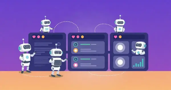 Несколько роботов-агентов одновременно работают над панелями одной задачи, плоская иллюстрация