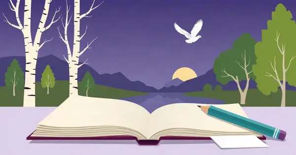 Открытая книга стихов на фоне берёз, реки на рассвете и летящего голубя, плоская иллюстрация