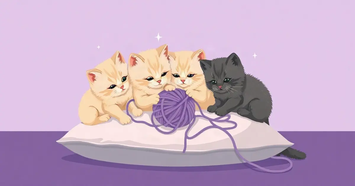 Четыре пушистых котёнка играют с фиолетовым клубком на подушке