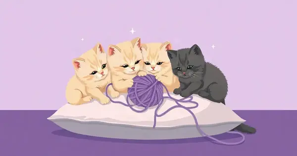 Четыре пушистых котёнка играют с фиолетовым клубком на подушке