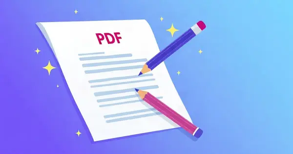 PDF-документ с карандашом и искрами ИИ на фиолетово-синем фоне