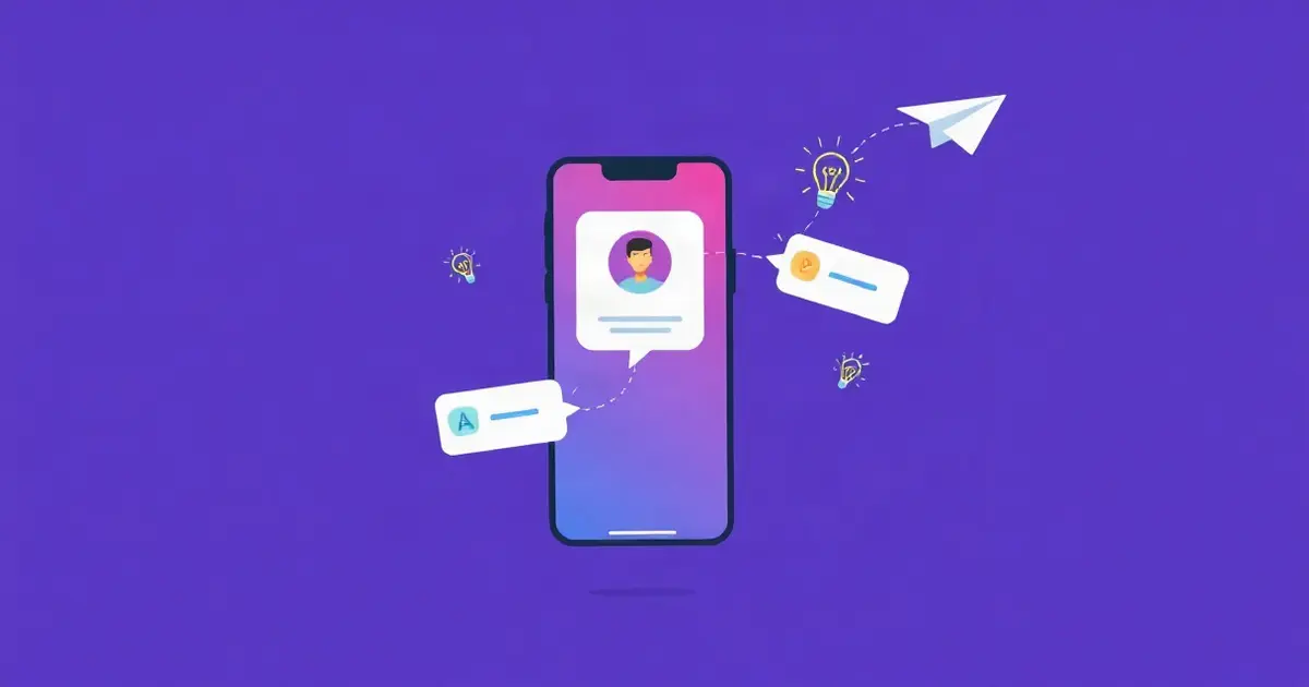 Смартфон с профилем канала в мессенджере, вокруг карточки с идеями названий и бумажный самолётик