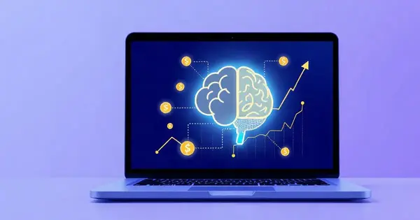 Ноутбук с нейросетью, монеты и растущий график на фиолетовом фоне
