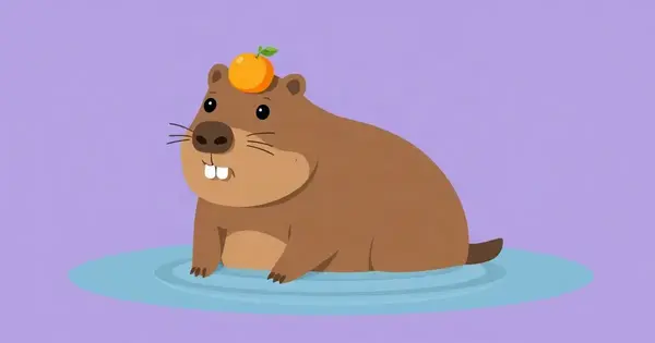 Мультяшная капибара с мандарином на голове сидит в воде