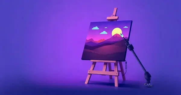 Мольберт с цифровым холстом, на котором роботизированная кисть рисует горный пейзаж