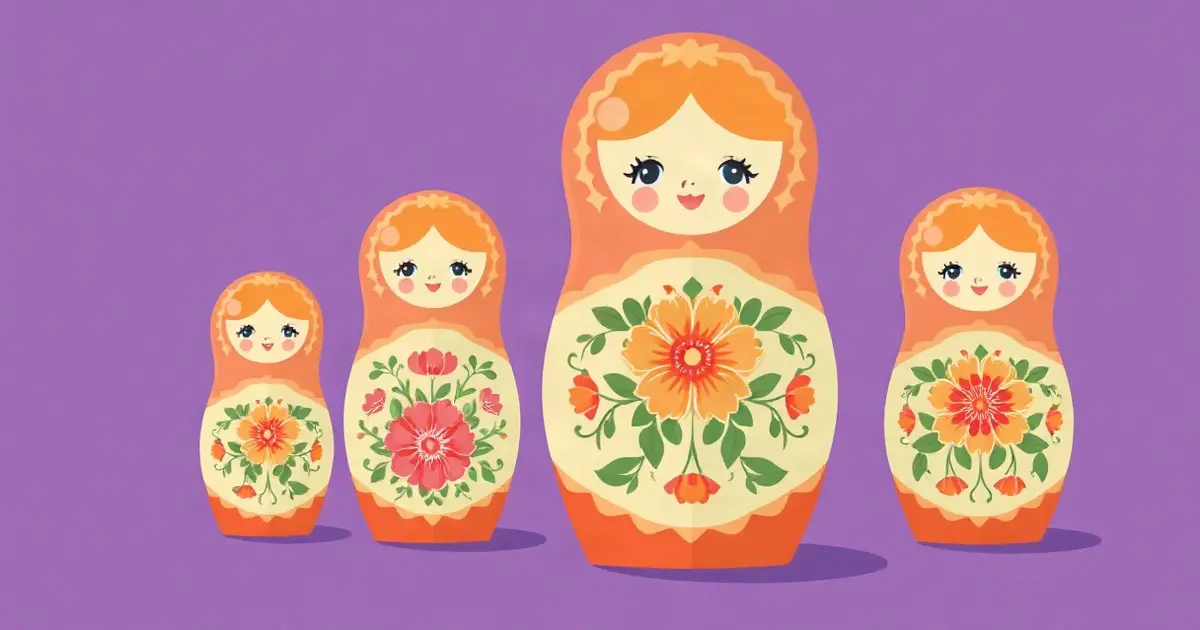 Четыре матрёшки с цветочной росписью на фиолетовом фоне