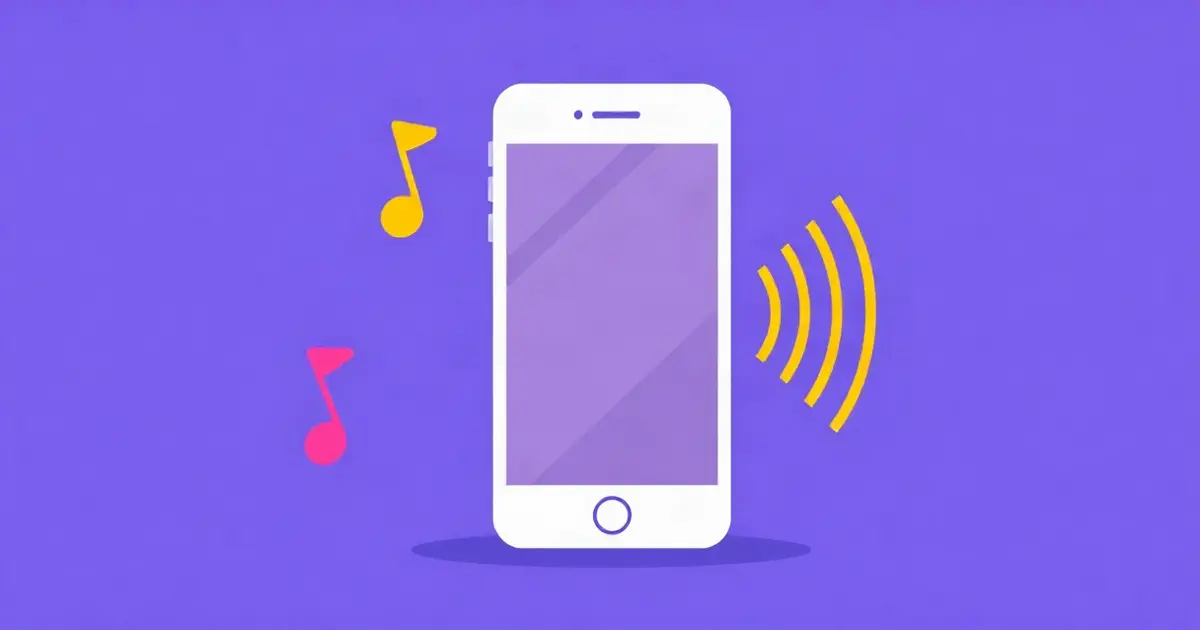 Смартфон, из экрана которого вылетают ноты и звуковые волны