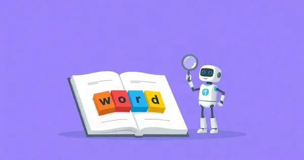 Раскрытая книга со словом из цветных кубиков, рядом робот с лупой