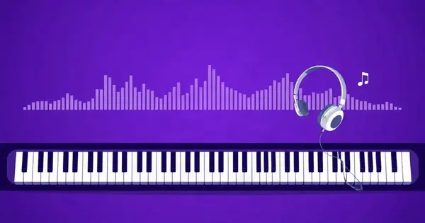Звуковая волна превращается в MIDI-ноты на пианино-ролле, иллюстрация на фиолетово-синем фоне
