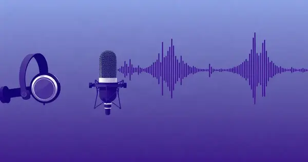 Студийный микрофон и звуковая волна мужского голоса