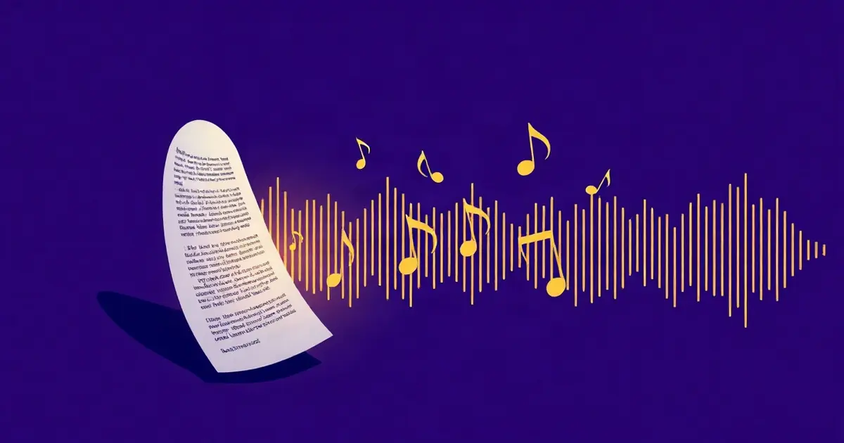 Лист с текстом, из которого поднимаются ноты и звуковая волна на фиолетовом фоне