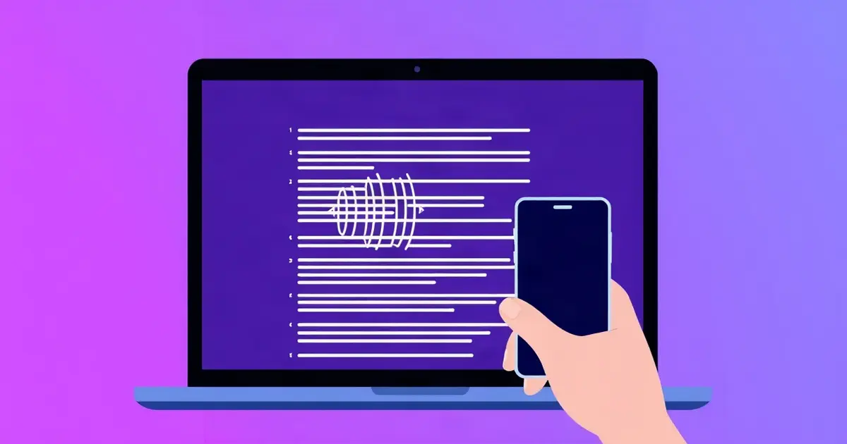 Человек говорит в микрофон смартфона, звуковые волны превращаются в строки текста на экране ноутбука