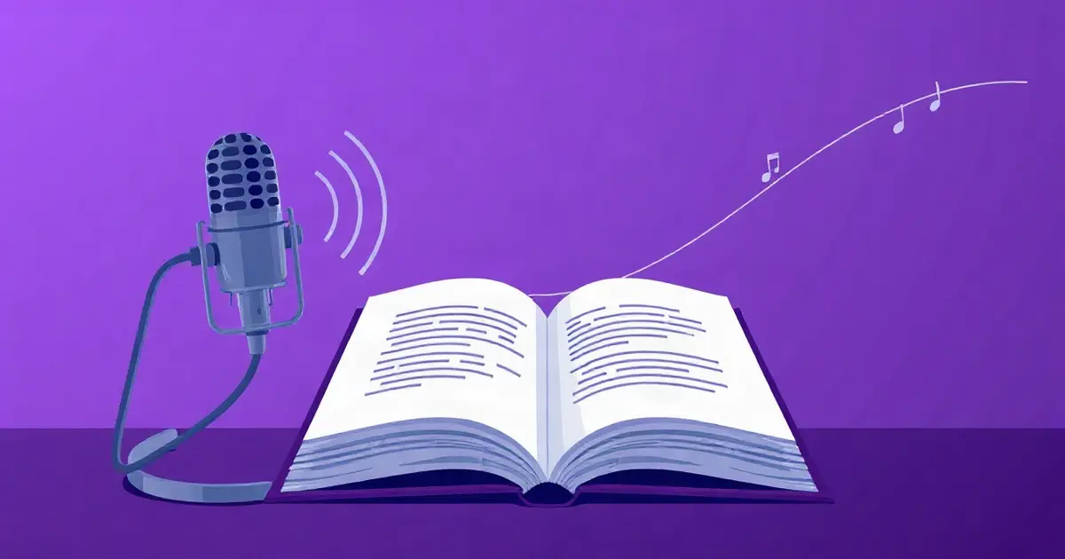 Студийный микрофон, звуковые волны и открытая книга, плоская иллюстрация