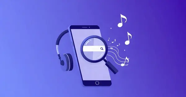 Смартфон с лупой и строкой поиска, наушники и ноты, плоская иллюстрация