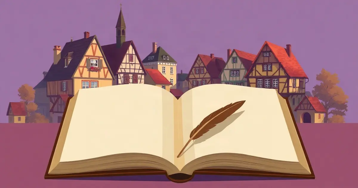 Старинная немецкая деревня с фахверковыми домами и раскрытая книга с пером