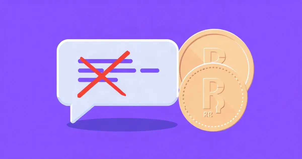 Речевое облачко рядом с перечёркнутой подписочной картой и рублёвой монетой