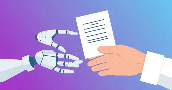 Рука робота передаёт лист бумаги человеческой руке, и текст на листе становится тёплым и рукописным