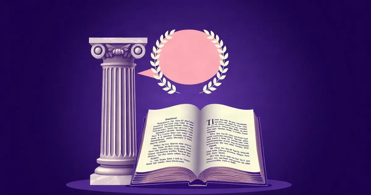 Античная мраморная колонна, раскрытая старинная книга и лавровый венок