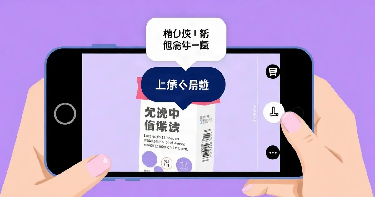 Камера смартфона сканирует упаковку с китайскими иероглифами, рядом облачко с переводом