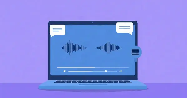Ноутбук с видеоплеером, звуковые волны превращаются в реплики субтитров