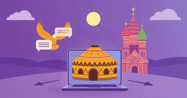 Казахская степь с юртой и беркутом и русские купола соединены мостом из реплик над ноутбуком