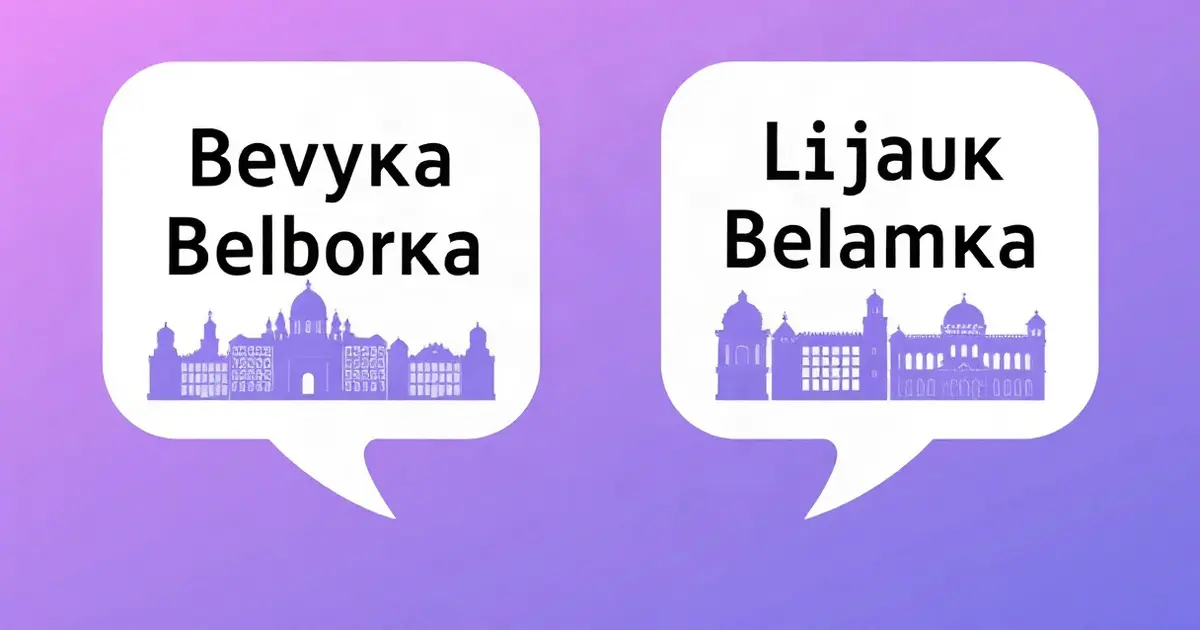 Два облачка с кириллицей и латиницей на фоне силуэта Белграда, иллюстрация на фиолетово-синем фоне