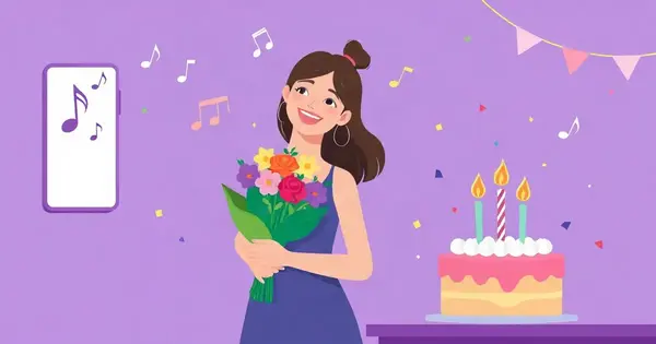 Улыбающаяся женщина с букетом, рядом торт со свечами, из смартфона летят ноты