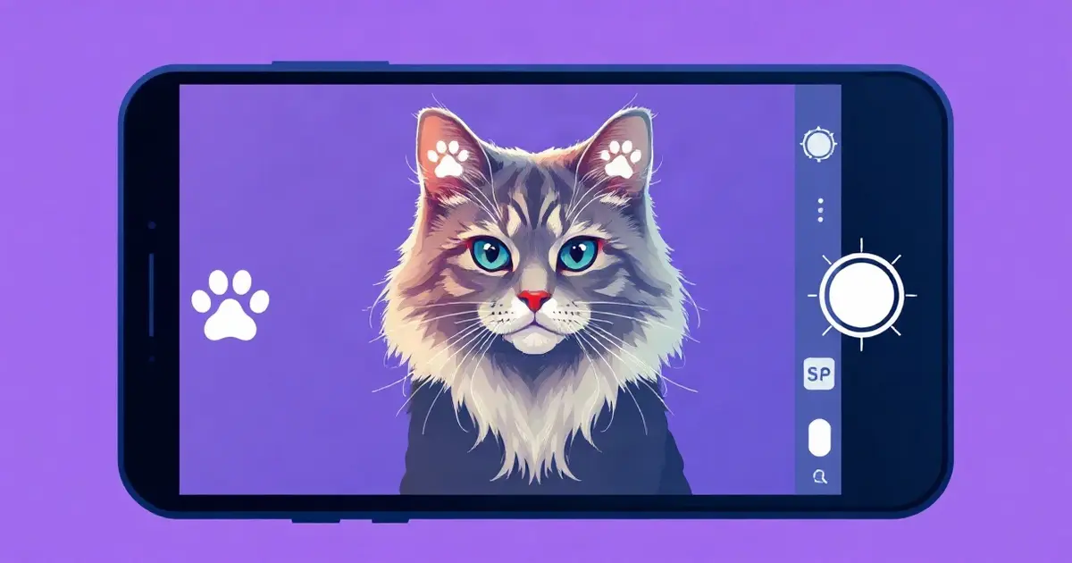 Пушистая кошка в рамке камеры смартфона с линиями сканирования