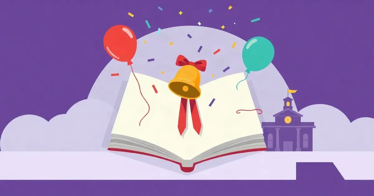 Раскрытая книга со школьным колокольчиком, воздушные шары и конфетти