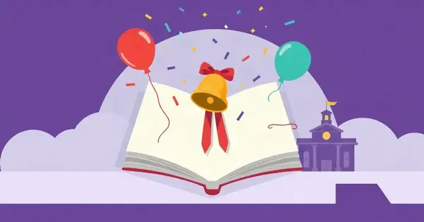 Раскрытая книга со школьным колокольчиком, воздушные шары и конфетти