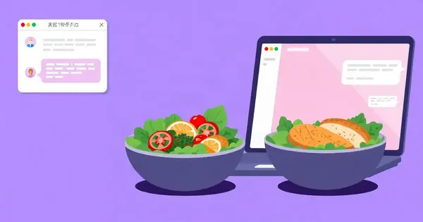 Миски с овощами, салатом и курицей рядом с ноутбуком с окном чата, плоская иллюстрация
