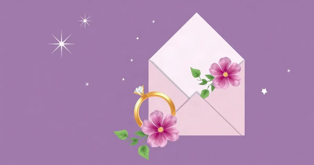 Свадебное приглашение с кольцами, цветами и конвертом на фиолетово-синем фоне