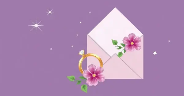 Свадебное приглашение с кольцами, цветами и конвертом на фиолетово-синем фоне