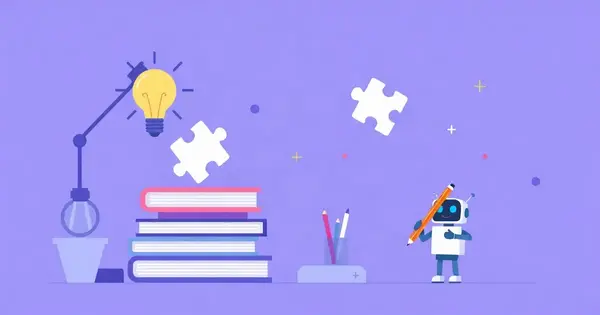 Стопка книг, лампа, детали пазла и робот с карандашом — проект с помощью нейросети