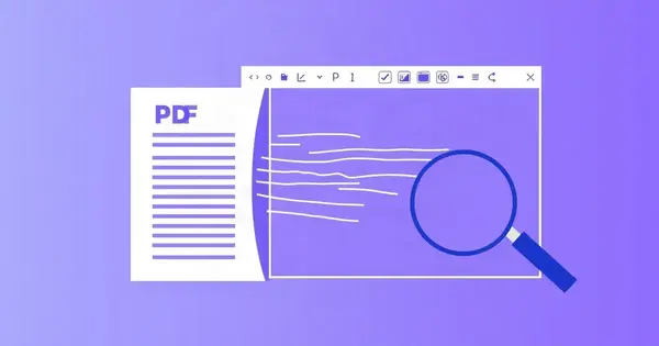 Страница PDF превращается в строки редактируемого текста, рядом лупа
